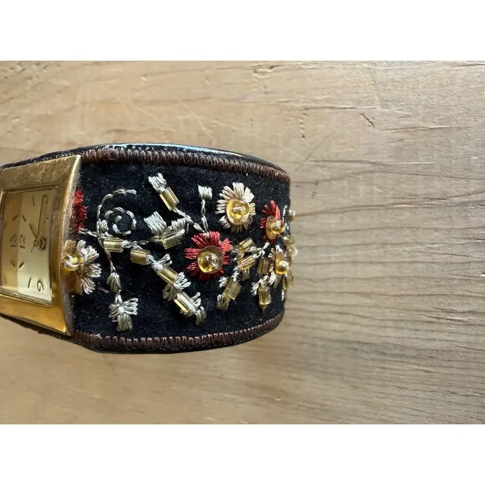 Avon Embellished Cuff Watch Vintage Black Flower